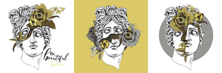 Apollo Plaster head statue with a flowers, buds and leaves. Set collection. Creative poster, t-shirt composition, hand drawn style print. Vector illustration.