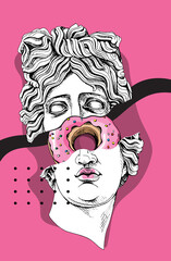 Bright colored collage in a Zine Culture style. Plaster head Apollo statue and pink donut. Humor poster, t-shirt composition, hand drawn style print. Vector illustration. - 500010701