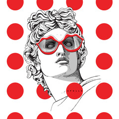 Minimalistic red collage. Apollo Plaster head statue in a fun lips glasses on a polka dots background. Hymor poster, t-shirt composition, hand drawn style print. Vector illustration. - 500010702
