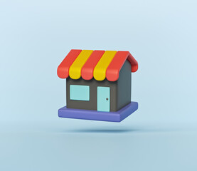 3d render. Simple store shop building icon, sign levitate on pastel blue background.