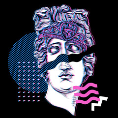 Minimalistic Bright colored collage. Apollo Plaster head statue in a crown with a geometry. Cyberpunk glitch art. Creative poster, t-shirt composition, hand drawn style print. Vector illustration. - 500010729