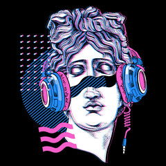 Minimalistic Bright colored collage. Apollo Plaster head statue in a headphone with a geometry. Cyberpunk glitch art. Creative poster, t-shirt composition, hand drawn style print. Vector illustration.