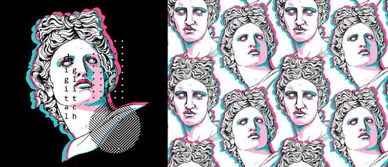Set of print and seamless wallpaper pattern. Apollo Plaster head statue with a geometry form. Cyberpunk glitch art. Textile composition, t-shirt design, hand drawn style print. Vector illustration. - 500010761