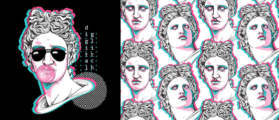 Set of print and seamless wallpaper pattern. Apollo Plaster head statue with a geometry form. Cyberpunk glitch art. Textile composition, t-shirt design, hand drawn style print. Vector illustration.