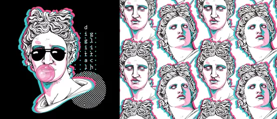 Fotobehang Set of print and seamless wallpaper pattern. Apollo Plaster head statue with a geometry form. Cyberpunk glitch art. Textile composition, t-shirt design, hand drawn style print. Vector illustration. © Afishka