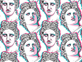 Seamless wallpaper pattern. Apollo Plaster head statue with a geometry form. Minimalistic collage. Cyberpunk glitch art. Textile composition, t-shirt design, hand drawn style. Vector illustration.