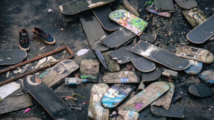 City Of London, London, UK - January 7, 2014: A scene of discarded/broken skateboards. They have...