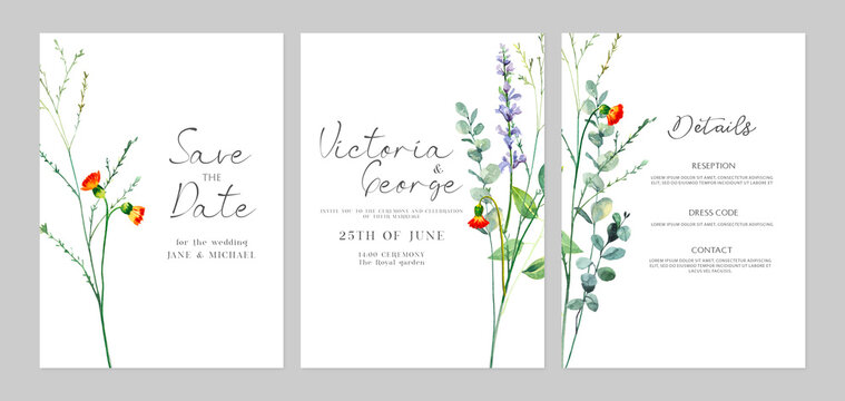 Watercolor hand painted gentle botanical spring leaves and branches illustration. Watercolor illustrations isolated on white background, premade wedding invitation, save the date frame template 