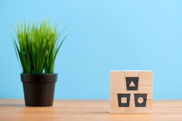Ecology concept, wooden blocks with icon bin eco segregation separation trash bin disposal...