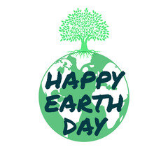 Illustration of tree and earth icon with text HAPPY EARTH DAY.