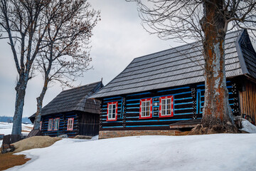 Folk architecture of the distinctive village of Zdiar at winter. High Tatras National Park, Slovakia, Europe.
