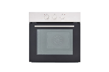 Black oven with silver top, with closed door and with three control knobs, front view, isolate on white