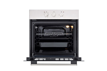 Black oven with silver top, three control knobs. Open door, three trays and lights on. Front view