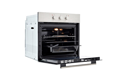 Black oven with silver top, three control knobs. Open door, three trays and lights on. 45 degree view