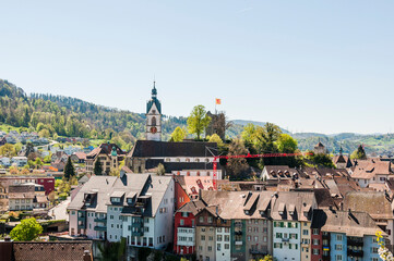 Laufenburg, Schlossberg, Kirche, St. Johann, Altstadt, Altstadthäuser,  Ruine, Laufenbrücke, Rhein, Rheinufer, Uferweg, Frühling, Schweiz, Deutschland