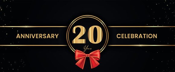 20 Year Anniversary Celebration Vector Template Design. 20 years golden anniversary sign, 20 years anniversary logo. Light bright symbol for event, invitation, party, award, ceremony, greeting vector