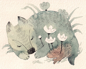 花園で眠る犬