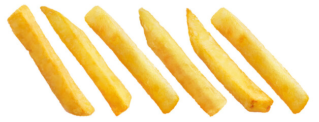 Collection of delicious french potato fries, isolated on white background