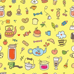 Seamless pattern with food, drinks and utensils on yellow background. Doodle cafe wallpaper. Cute vector print.