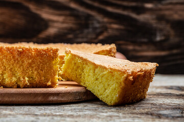 biscuit cake. Homemade classic sponge cake or biscuit. Bakery background concept. banner, menu recipe place for text