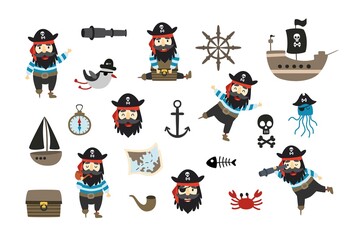 Fototapeta premium Cute pirate's icon set, with ship, seagull, skull, anchor, treasure chest and pirates. Set of elements for design, patterns and prints.