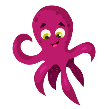 Cute cartoon pink octopus smiling. Underwater animal. Vector clipart isolated on white background.