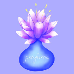 A bottle of fragrant floral perfume. Isolated on purple background. Stock vector illustration