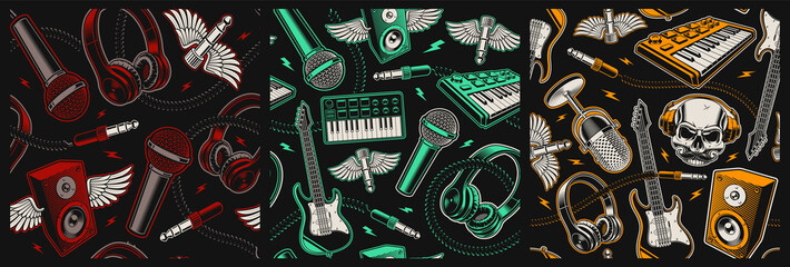 Set of music seamless backgrounds with different cartoon musical instruments