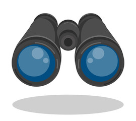 Binoculars look ahead. Search for objects in area. Search, purposeful look into the future. Cartoon vector isolated on white background