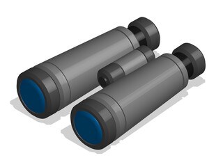 Isometric binoculars to observe distant objects. Equipment for campaigns and military operations. Realistic 3D vector isolated on white background