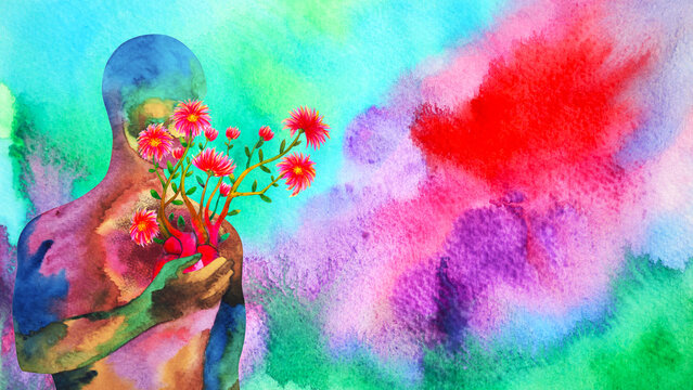 human red heart healing flower flow in universe love spiritual mind mental health chakra power abstract soul art watercolor painting illustration design drawing