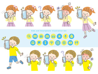 スマホの画面を見せる子ども達の表情セット