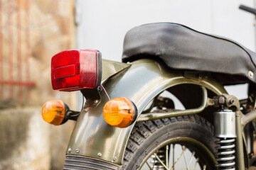 close up of retro bike, vintage motorcycle, rear light