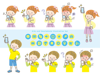 スマホを操作する子ども達の表情セット