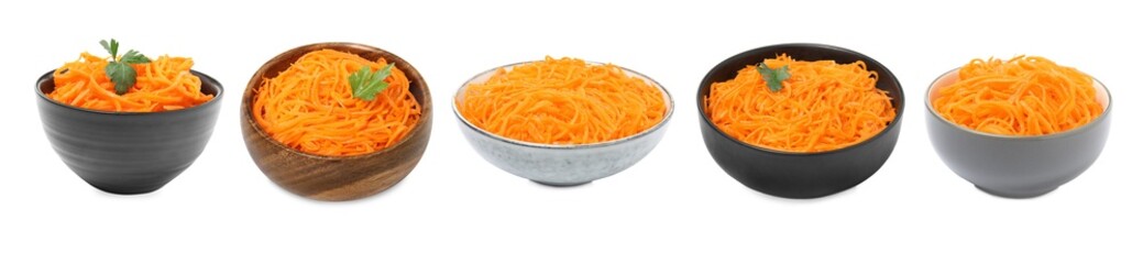 Set with tasty Korean carrot salad on white background. Banner design