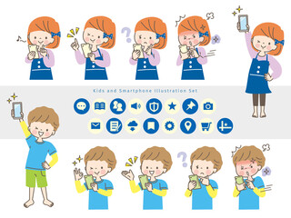スマホを操作する子ども達の表情セット