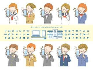 スマホの画面を見せる男女の学生達とアイコン