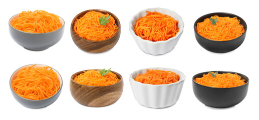 Set with tasty Korean carrot salad on white background. Banner design