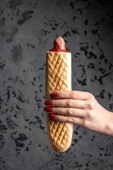 Two grilled french hot dogs in woman's hand, fast food and junk food concept, Street food