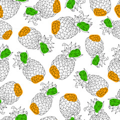 seamless pineapple pattern, white background, linear freehand drawing