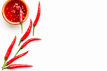 Fresh red chilli pepper as food ingredient on white table background top view mockup