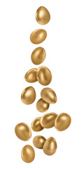 Shiny golden eggs falling on white background