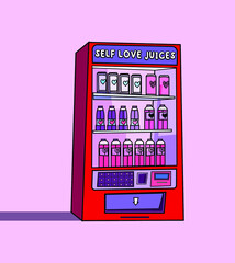 Creative isolated vector illustration of a vending machine selling Self love juices, with little hearts on the juice cans and bottles.  - obrazy, fototapety, plakaty