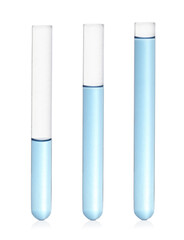 Test tubes with light blue samples on white background, collage