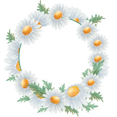 Obraz premium Watercolor hand painted floral frame with camomile, blue, yellow daisies in bloom and green leaves. Design blank card template with flowers for spring and summer wedding invitation, greeting postcards