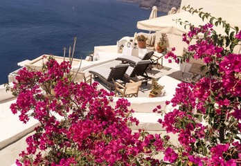 Maisons fleuries traditionnelles sur l'île de Santorin en Crète