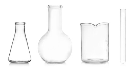 Different empty laboratory glassware on white background, banner design