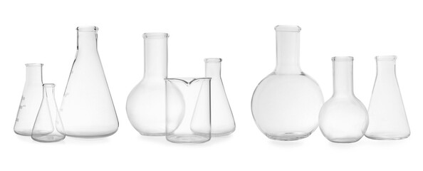 Set of different empty laboratory glassware on white background, banner design