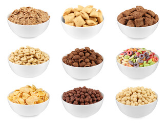 Set with different tasty breakfast cereals on white background
