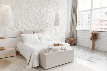 Shot Of Modern Bedroom With Big Bed And Window Indoor